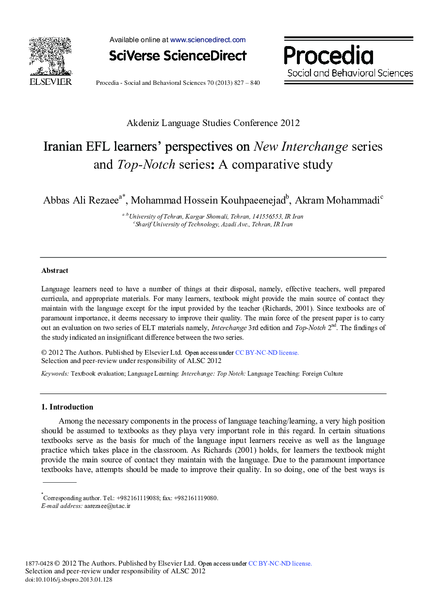 Iranian EFL Learners’ Perspectives on New Interchange Series and Top-Notch Series: A Comparative Study 