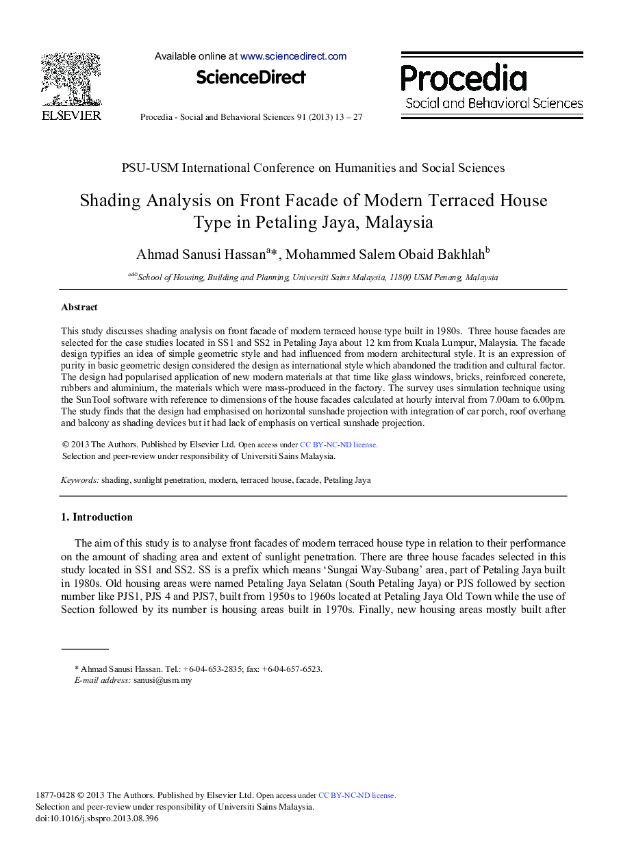 Shading Analysis on Front Facade of Modern Terraced House Type in Petaling Jaya, Malaysia 