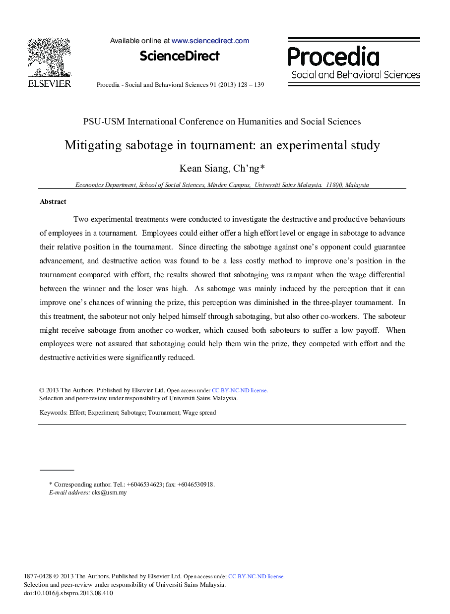 Mitigating Sabotage in Tournament: An Experimental Study 