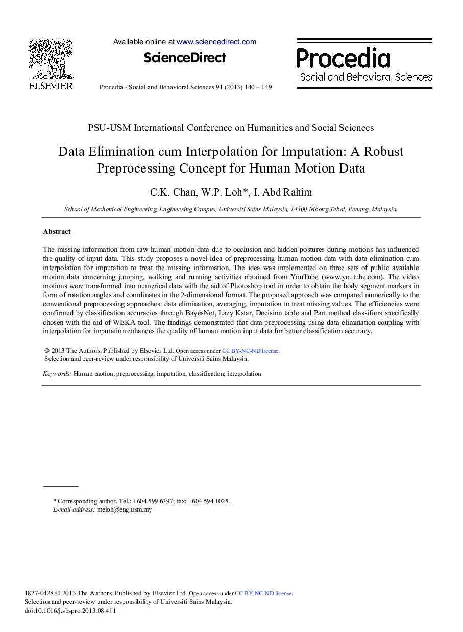 Data Elimination cum Interpolation for Imputation: A Robust Preprocessing Concept for Human Motion Data 