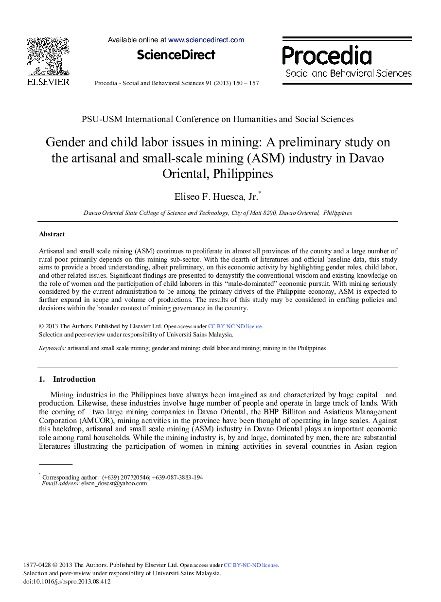 Gender and Child Labor Issues in Mining: A Preliminary Study on the Artisanal and Small-scale Mining (ASM) Industry in Davao Oriental, Philippines 