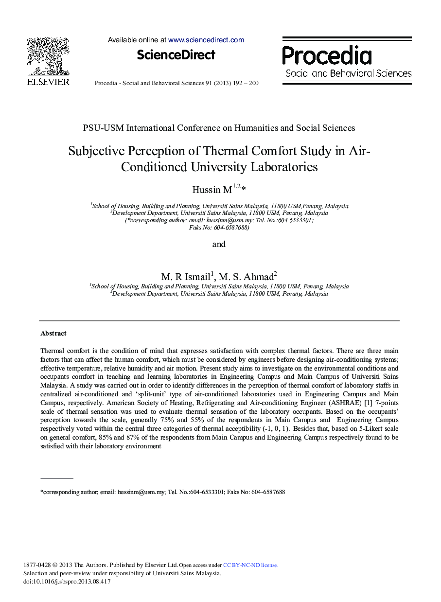 Subjective Perception of Thermal Comfort Study in Air-conditioned University Laboratories 