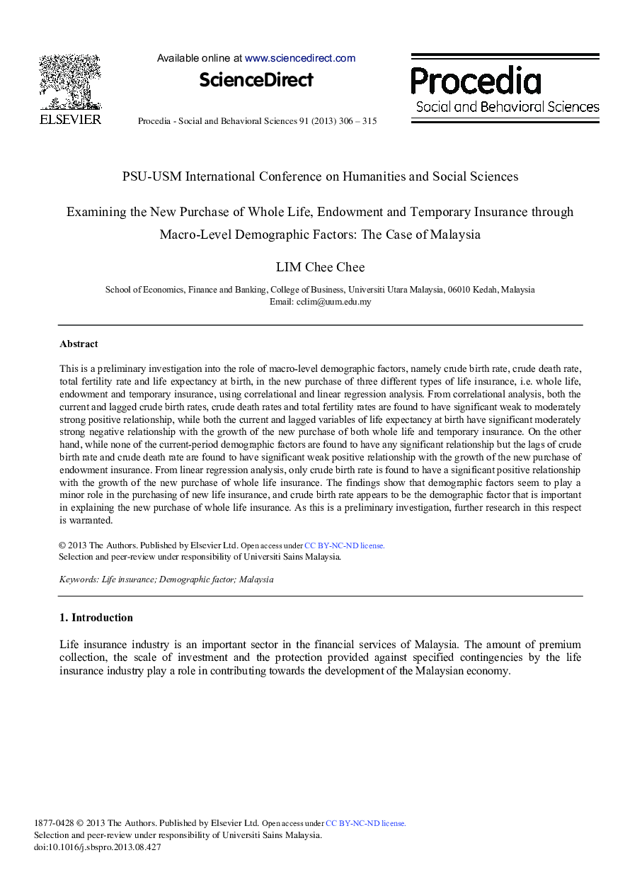 Examining the New Purchase of Whole Life, Endowment and Temporary Insurance through Macro-level Demographic Factors: The Case of Malaysia 