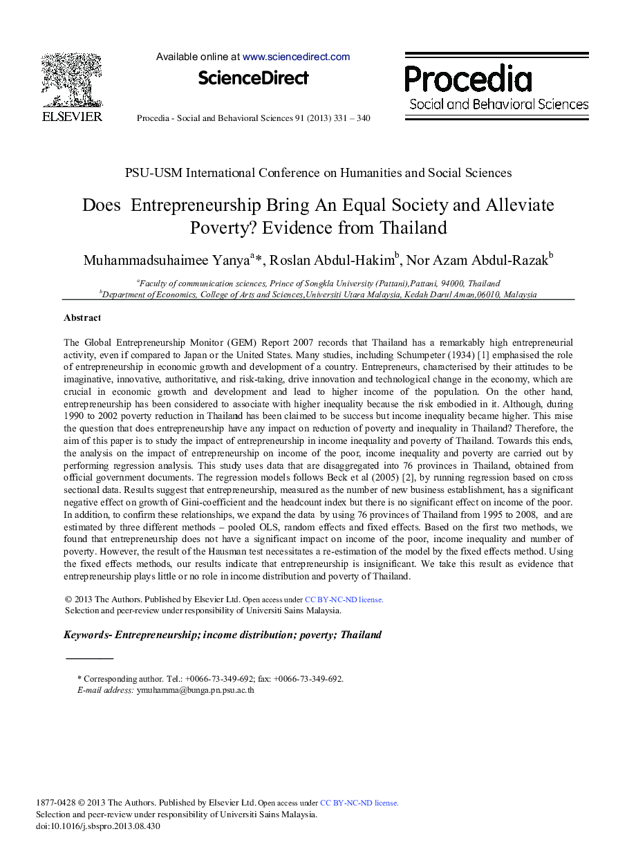 Does Entrepreneurship Bring an Equal Society and Alleviate Poverty? Evidence from Thailand 