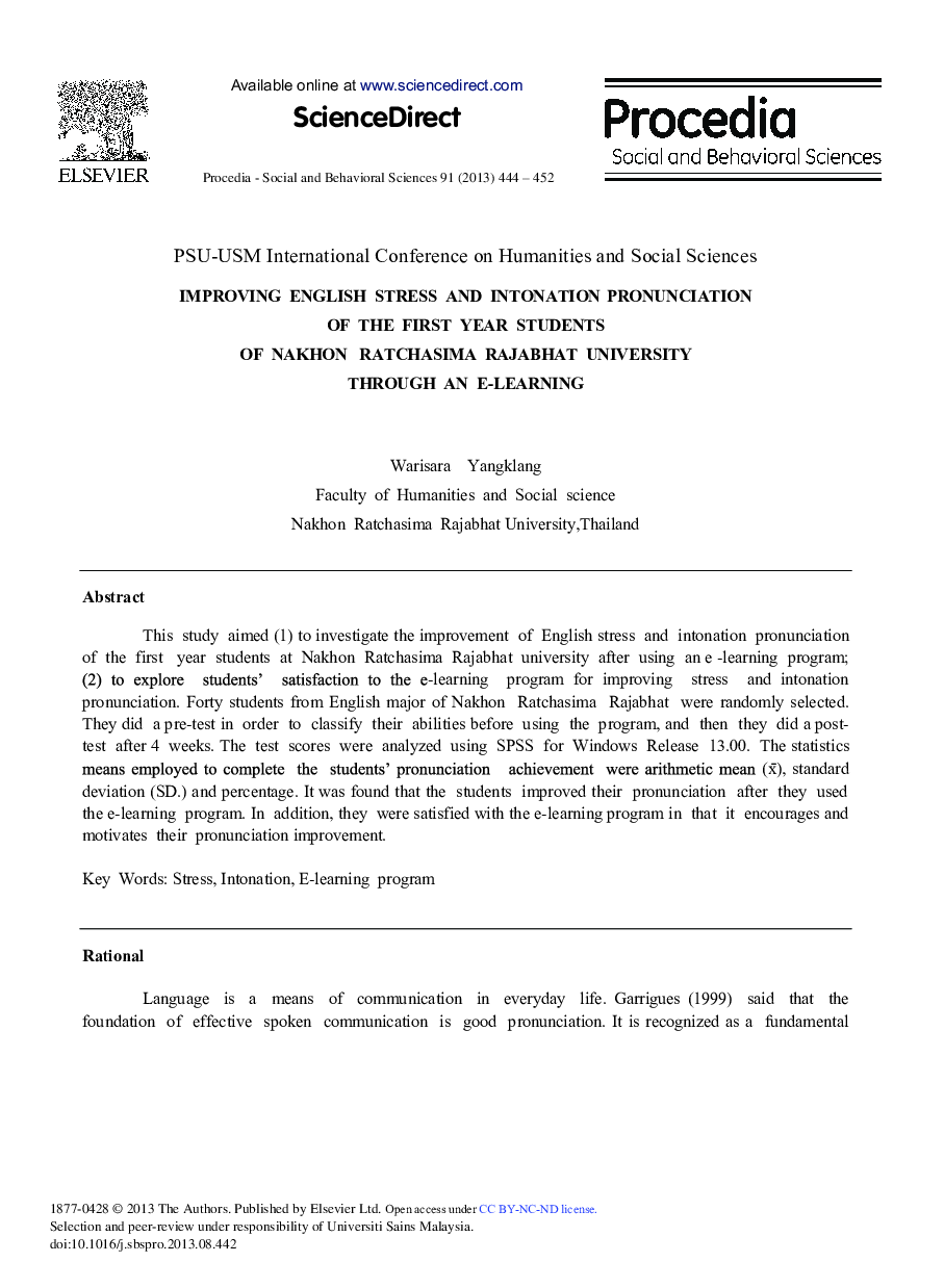 Improving English Stress and Intonation Pronunciation of the First Year Students of Nakhon Ratchasima Rajabhat University through an e-Learning 