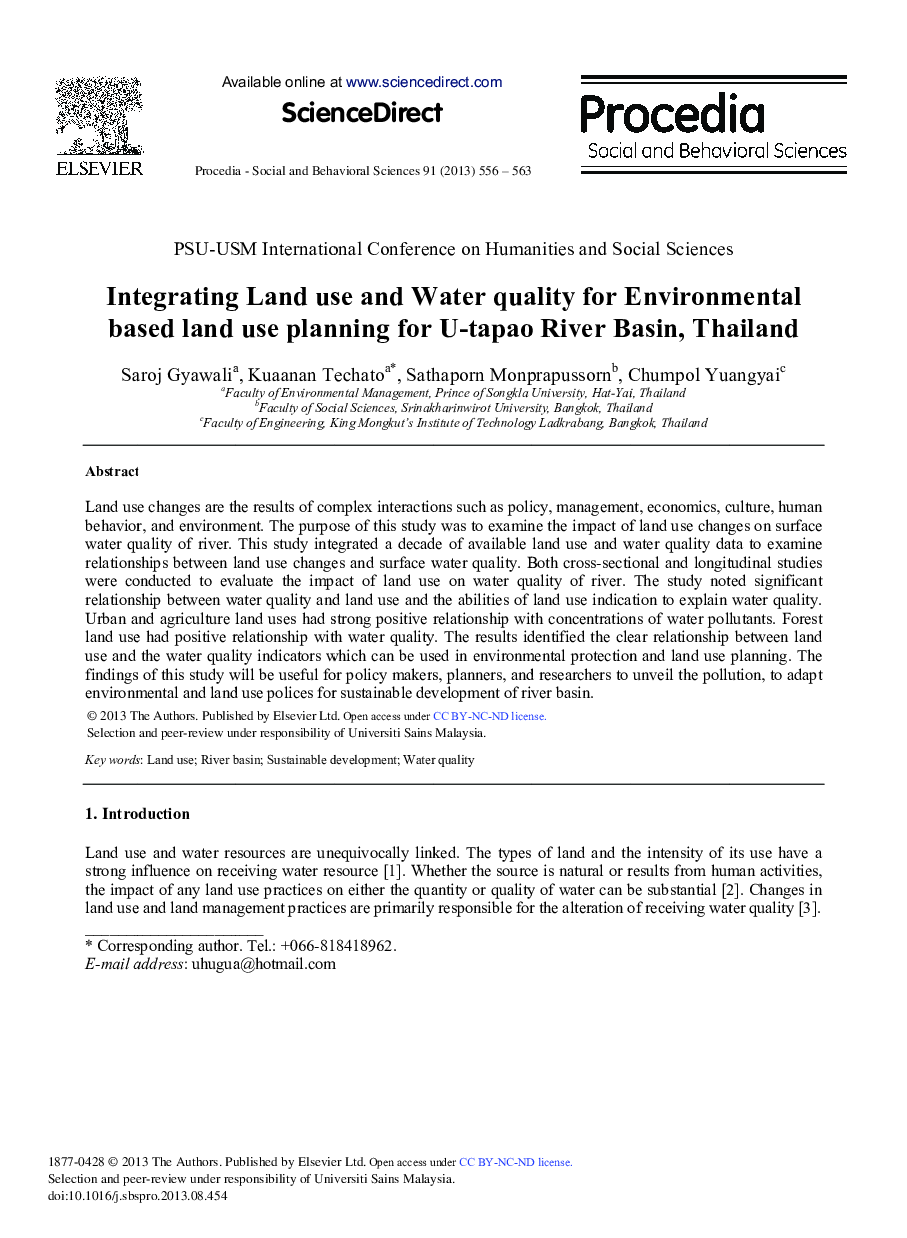 Integrating Land Use and Water Quality for Environmental based Land Use Planning for U-tapao River Basin, Thailand 