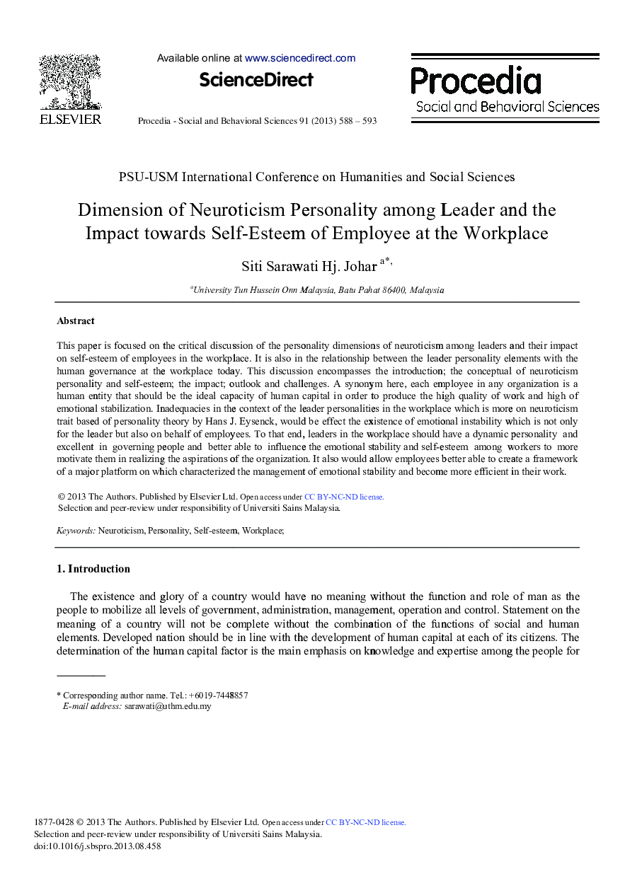 Dimension of Neuroticism Personality among Leader and the Impact towards Self-esteem of Employee at the Workplace 