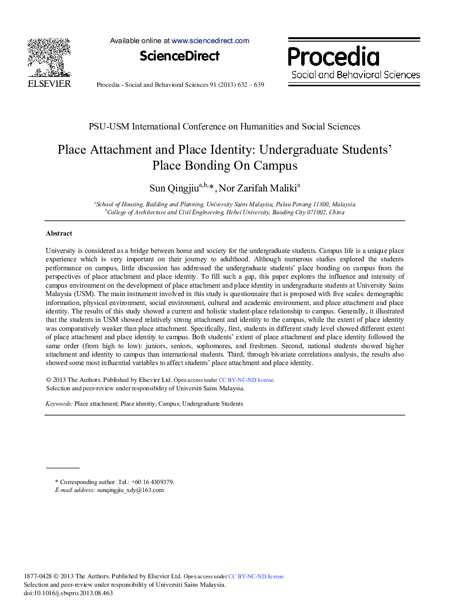 Place Attachment and Place Identity: Undergraduate Students’ Place Bonding on Campus 