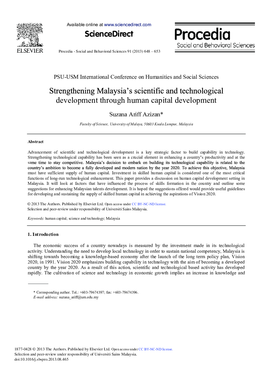 Strengthening Malaysia's Scientific and Technological Development through Human Capital Development 