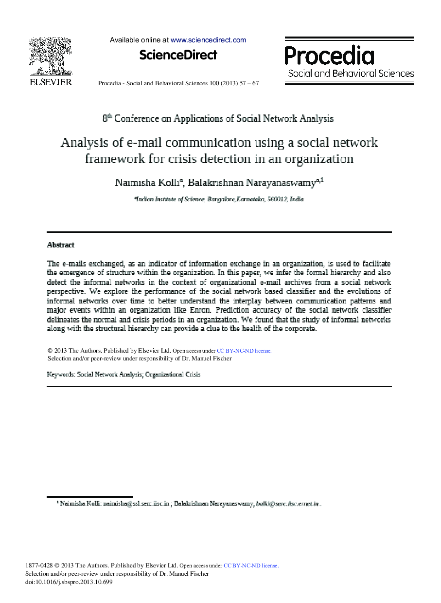 Analysis of e-mail Communication Using a Social Network Framework for Crisis Detection in an Organization 