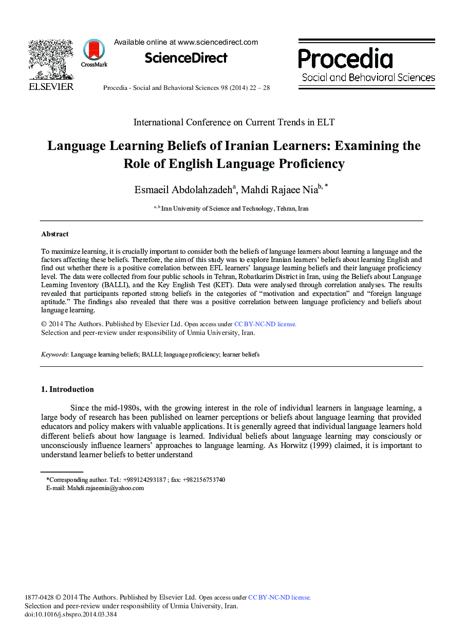 Language Learning Beliefs of Iranian Learners: Examining the Role of English Language Proficiency 