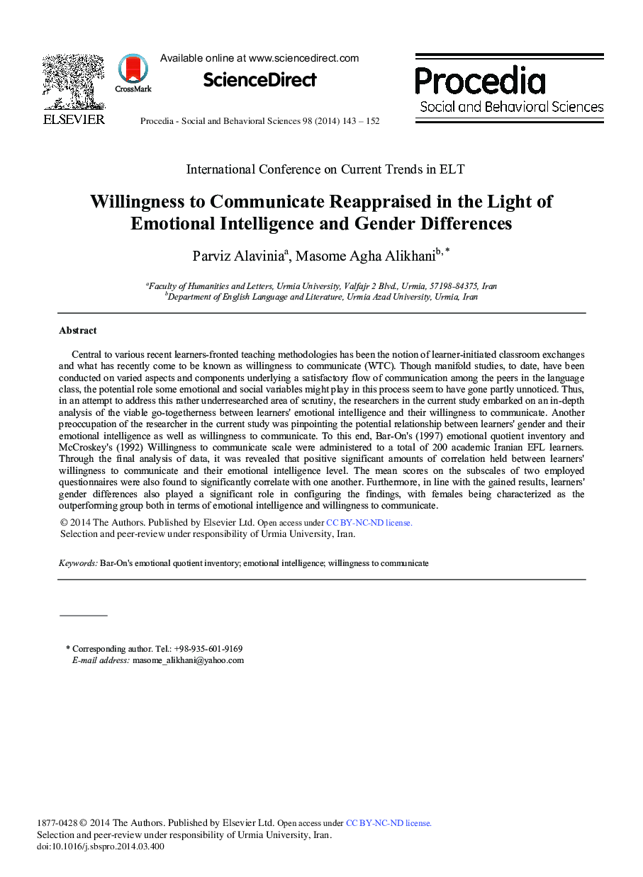 Willingness to Communicate Reappraised in the Light of Emotional Intelligence and Gender Differences 