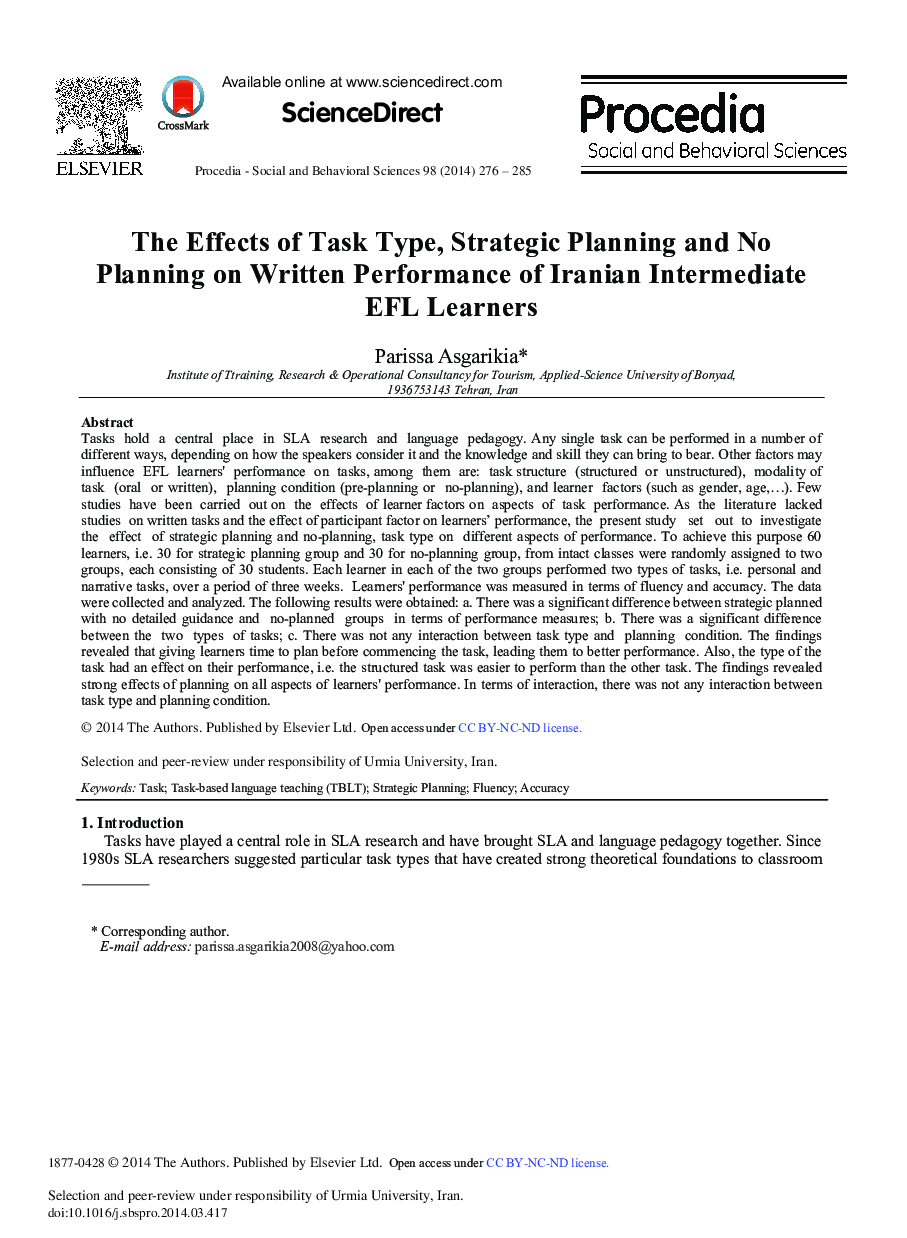 The Effects of Task Type, Strategic Planning and No Planning on Written Performance of Iranian Intermediate EFL Learners 