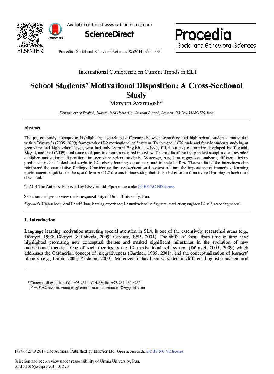 School Students’ Motivational Disposition: A Cross-sectional Study 