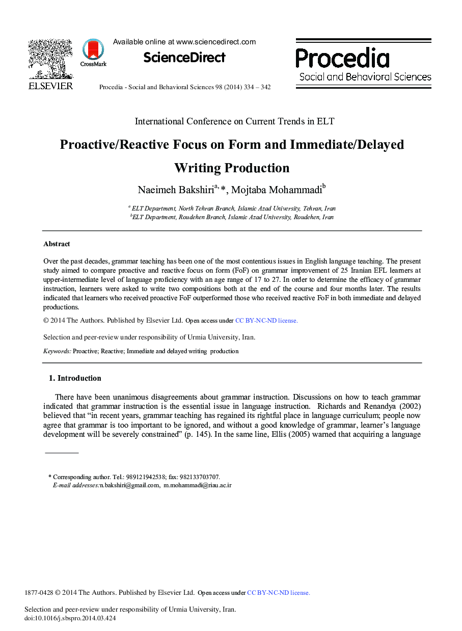 Proactive/Reactive Focus on Form and Immediate/Delayed Writing Production