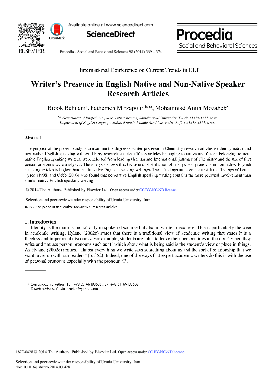 Writer's Presence in English Native and Non-Native Speaker Research Articles 