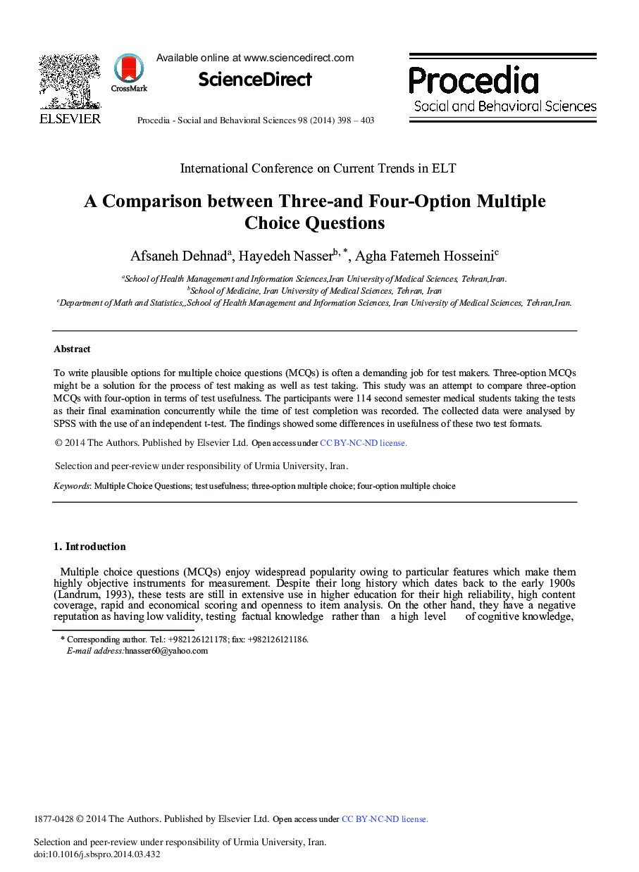 A Comparison between Three-and Four-Option Multiple Choice Questions 