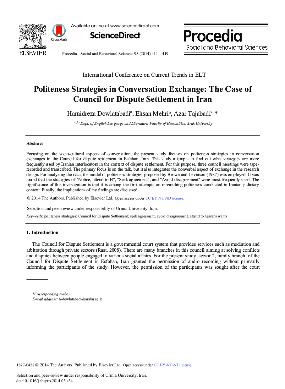 Politeness Strategies in Conversation Exchange: The Case of Council for Dispute Settlement in Iran 