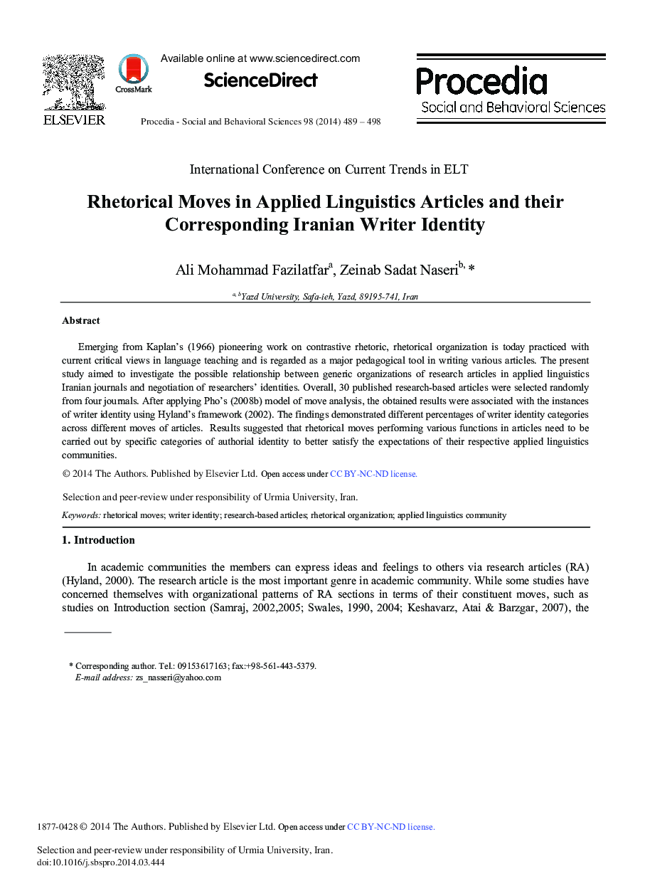 Rhetorical Moves in Applied Linguistics Articles and their Corresponding Iranian Writer Identity 