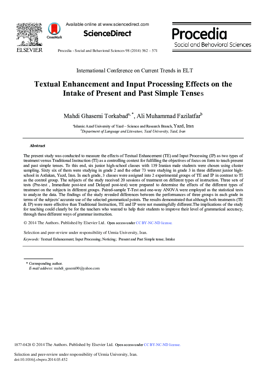 Textual Enhancement and Input Processing Effects on the Intake of Present and Past Simple Tenses 