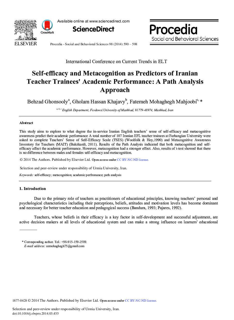 Self-efficacy and Metacognition as Predictors of Iranian Teacher Trainees’ Academic Performance: A Path Analysis Approach 