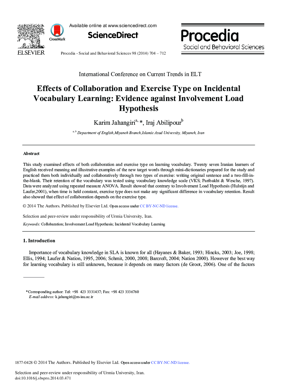 Effects of Collaboration and Exercise Type on Incidental Vocabulary Learning: Evidence Against Involvement Load Hypothesis 