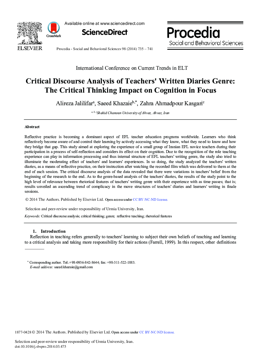 Critical Discourse Analysis of Teachers’ Written Diaries Genre: The Critical Thinking Impact on Cognition in Focus 