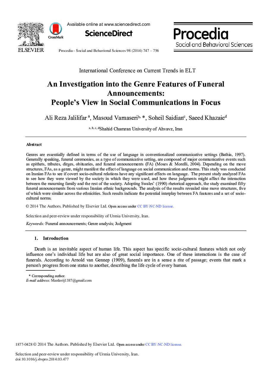 An Investigation into the Genre Features of Funeral Announcements: People's View in Social Communications in Focus 