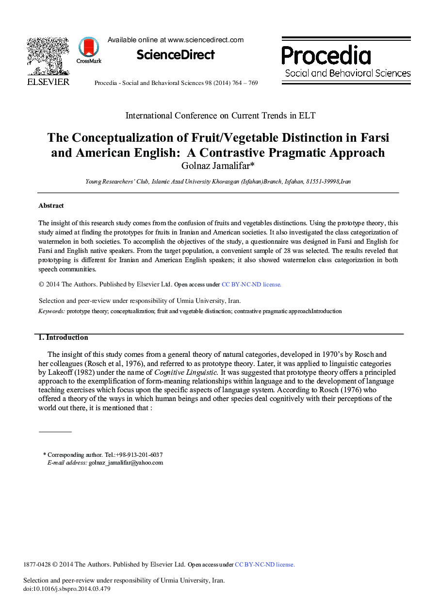 The Conceptualization of Fruit/Vegetable Distinction in Farsi and American English: A Contrastive Pragmatic Approach 