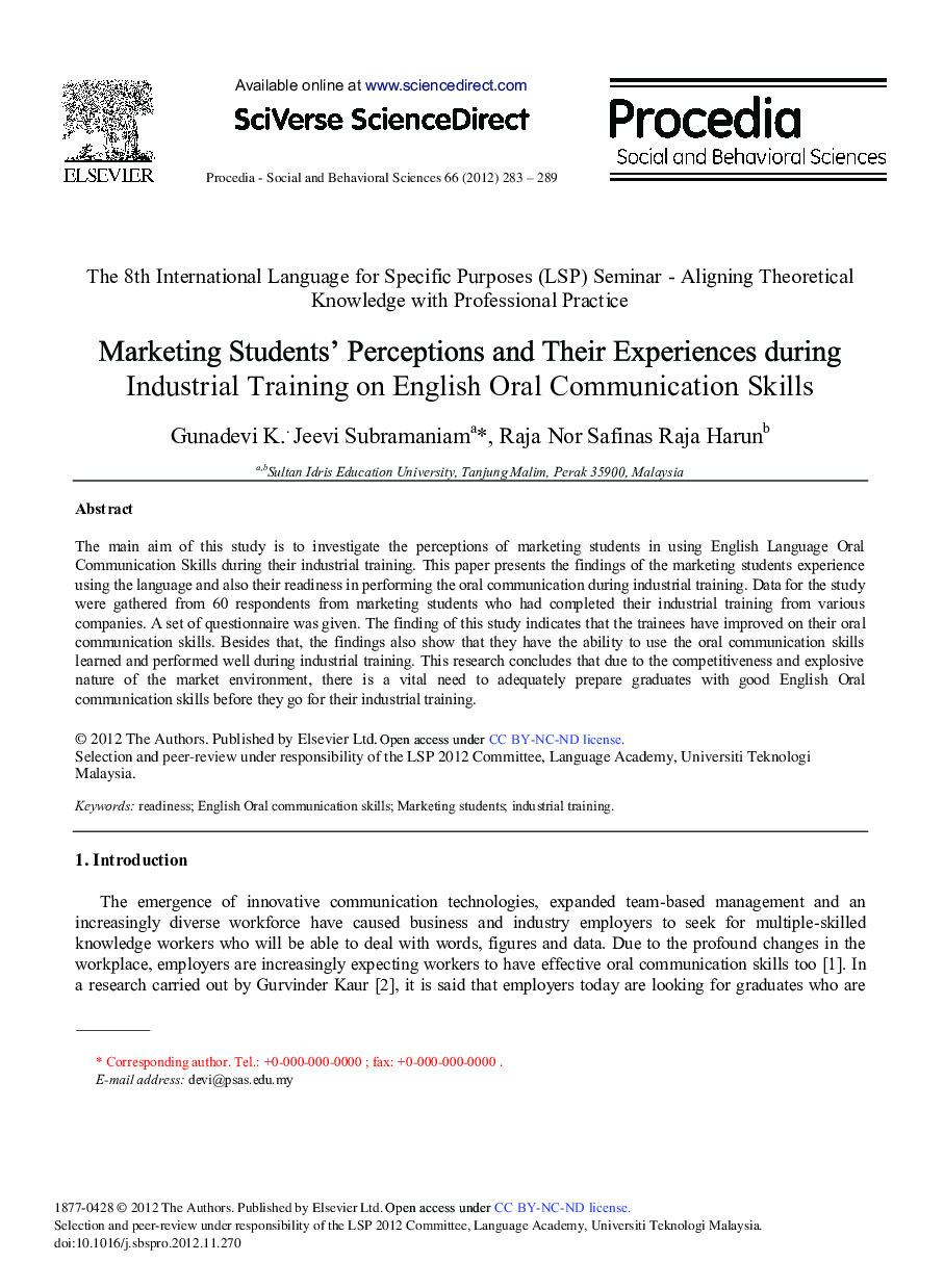 Marketing Students' Perceptions and Their Experiences during Industrial Training on English Oral Communication Skills