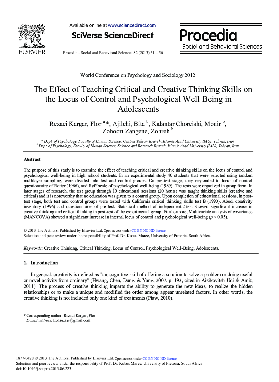 The Effect of Teaching Critical and Creative Thinking Skills on the Locus of Control and Psychological Well-being in Adolescents 