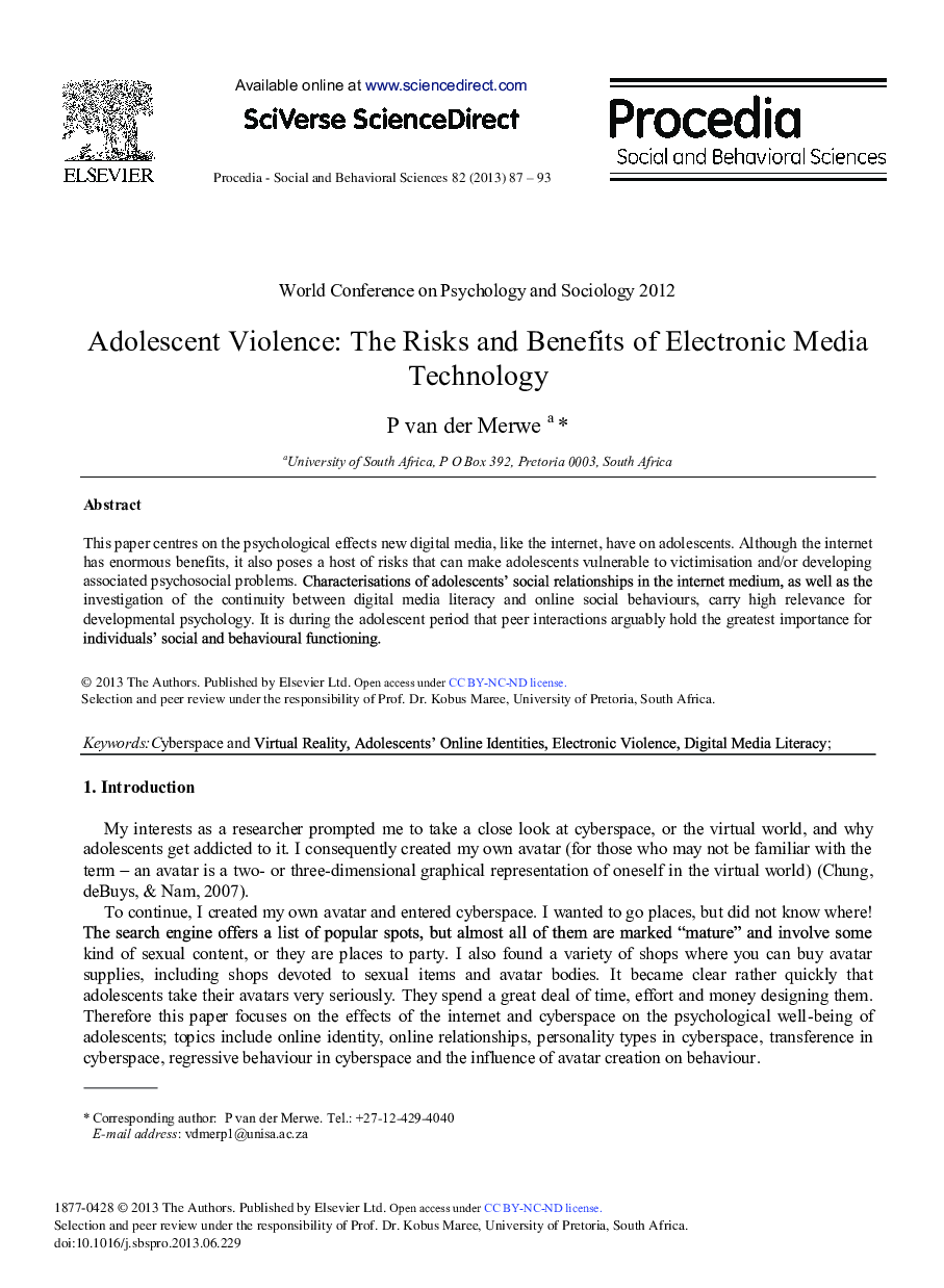 Adolescent Violence: The Risks and Benefits of Electronic Media Technology 