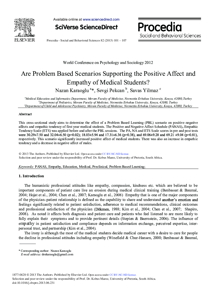 Are Problem Based Scenarios Supporting the Positive Affect and Empathy of Medical Students? 