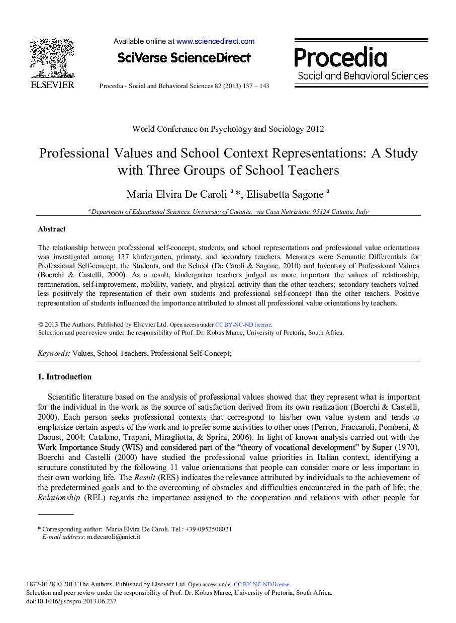 Professional Values and School Context Representations: A Study with Three Groups of School Teachers 