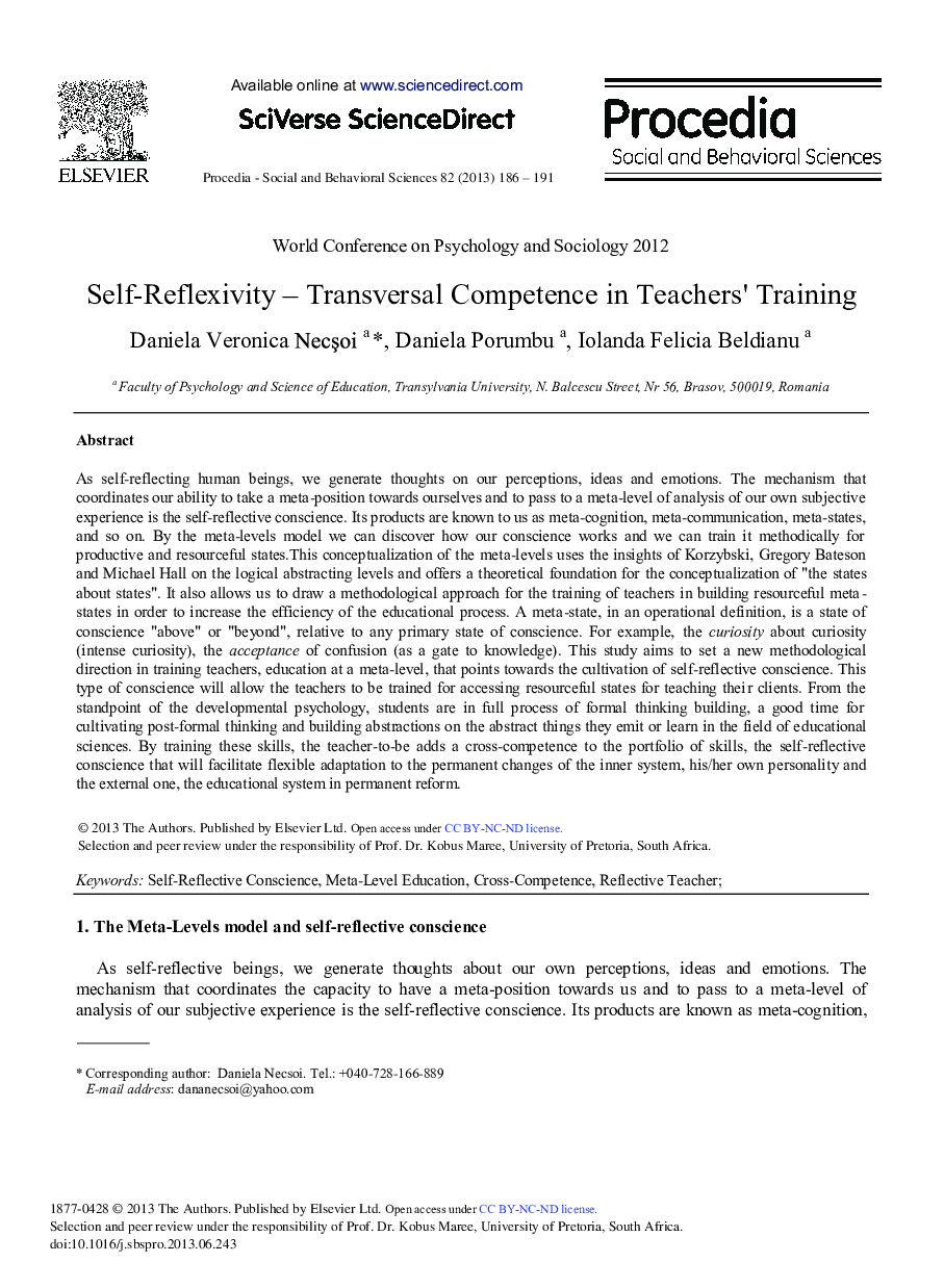 Self-reflexivity – Transversal Competence in Teachers’ Training 