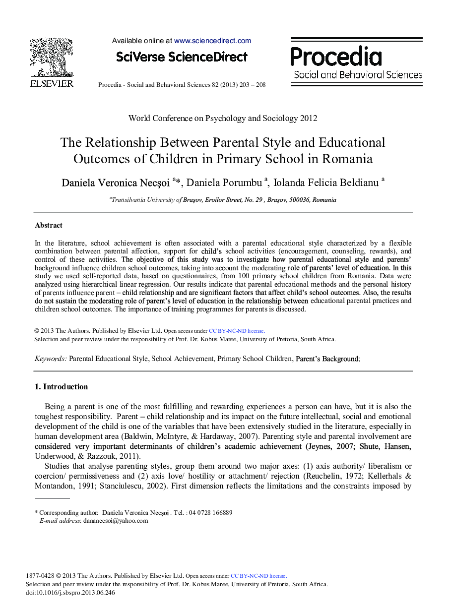 The Relationship between Parental Style and Educational Outcomes of Children in Primary School in Romania 