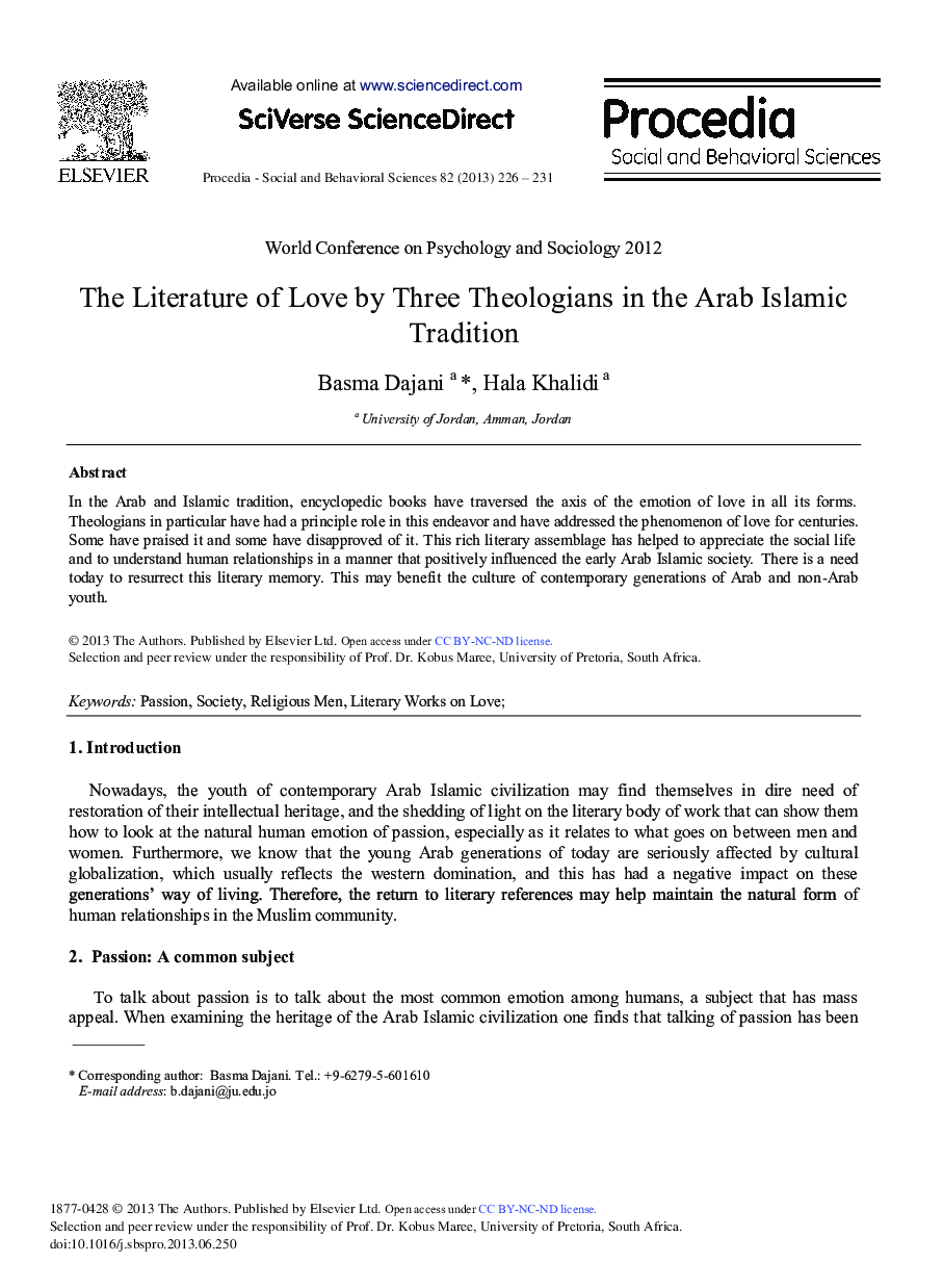 The Literature of Love by Three Theologians in the Arab Islamic Tradition 