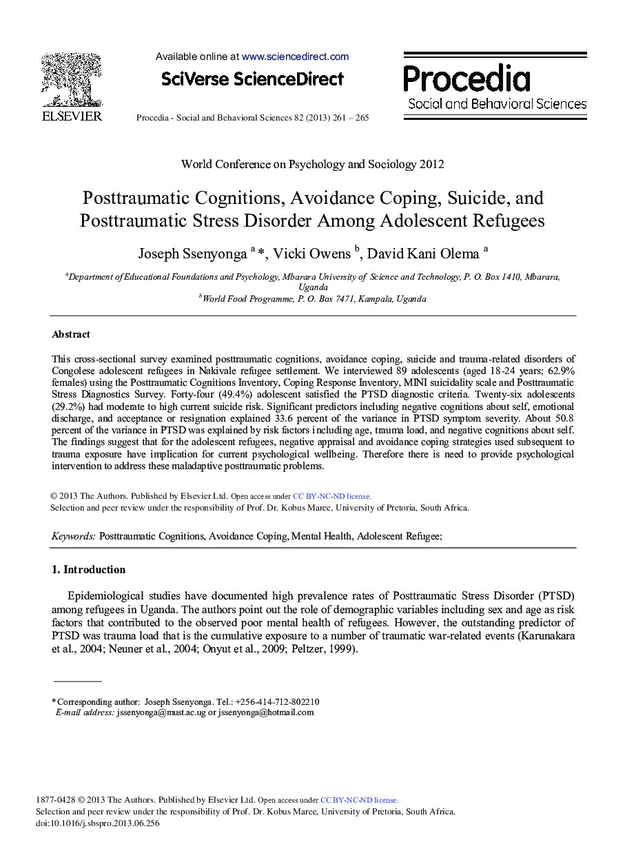 Posttraumatic Cognitions, Avoidance Coping, Suicide, and Posttraumatic Stress Disorder among Adolescent Refugees 