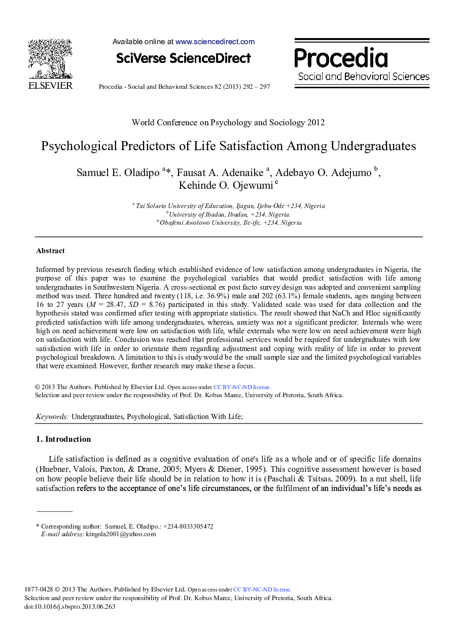 Psychological Predictors of Life Satisfaction among Undergraduates 