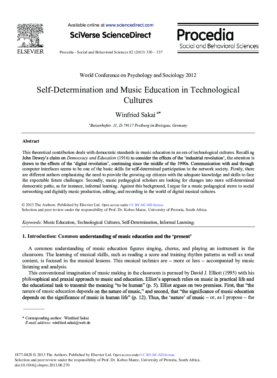 Self-determination and Music Education in Technological Cultures 