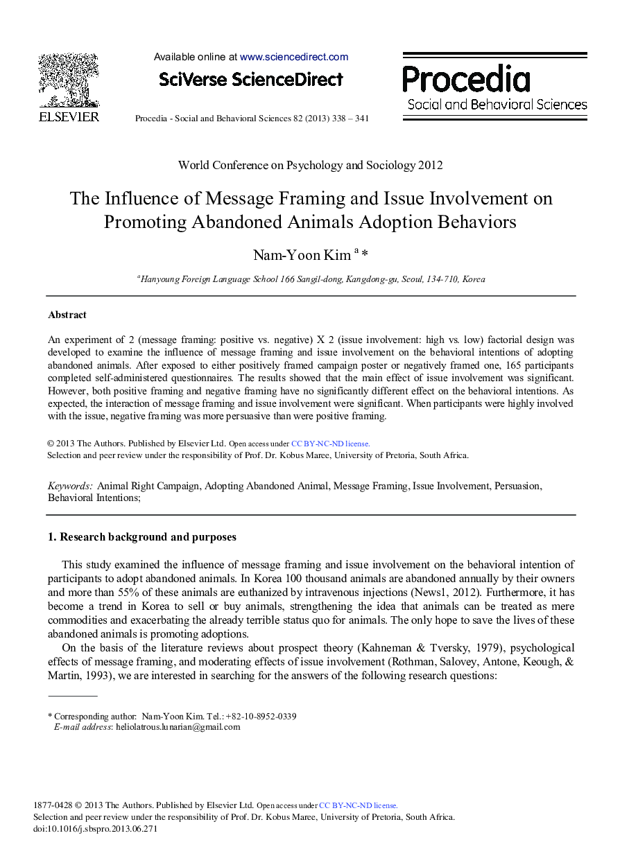 The Influence of Message Framing and Issue Involvement on Promoting Abandoned Animals Adoption Behaviors 