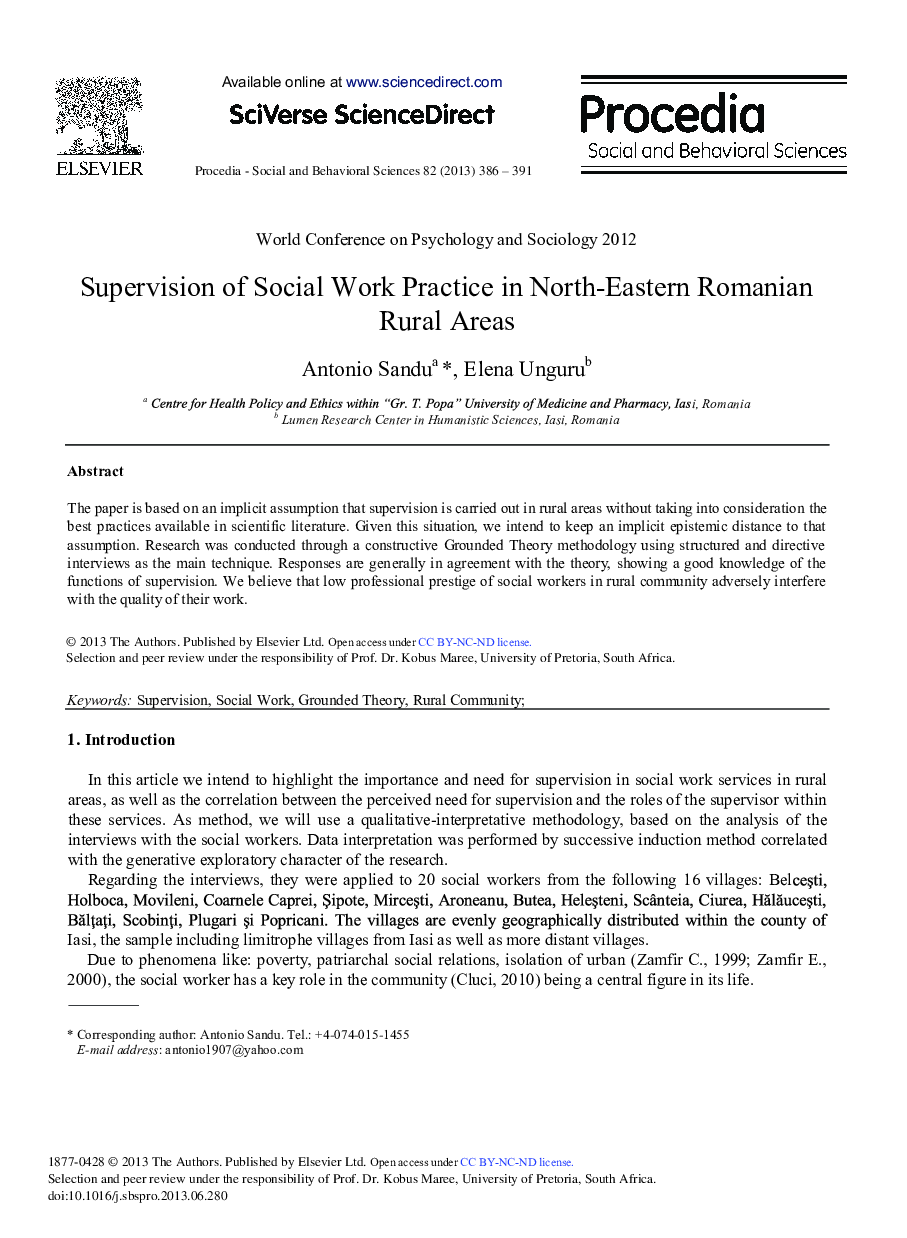 Supervision of Social Work Practice in North-Eastern Romanian Rural Areas 