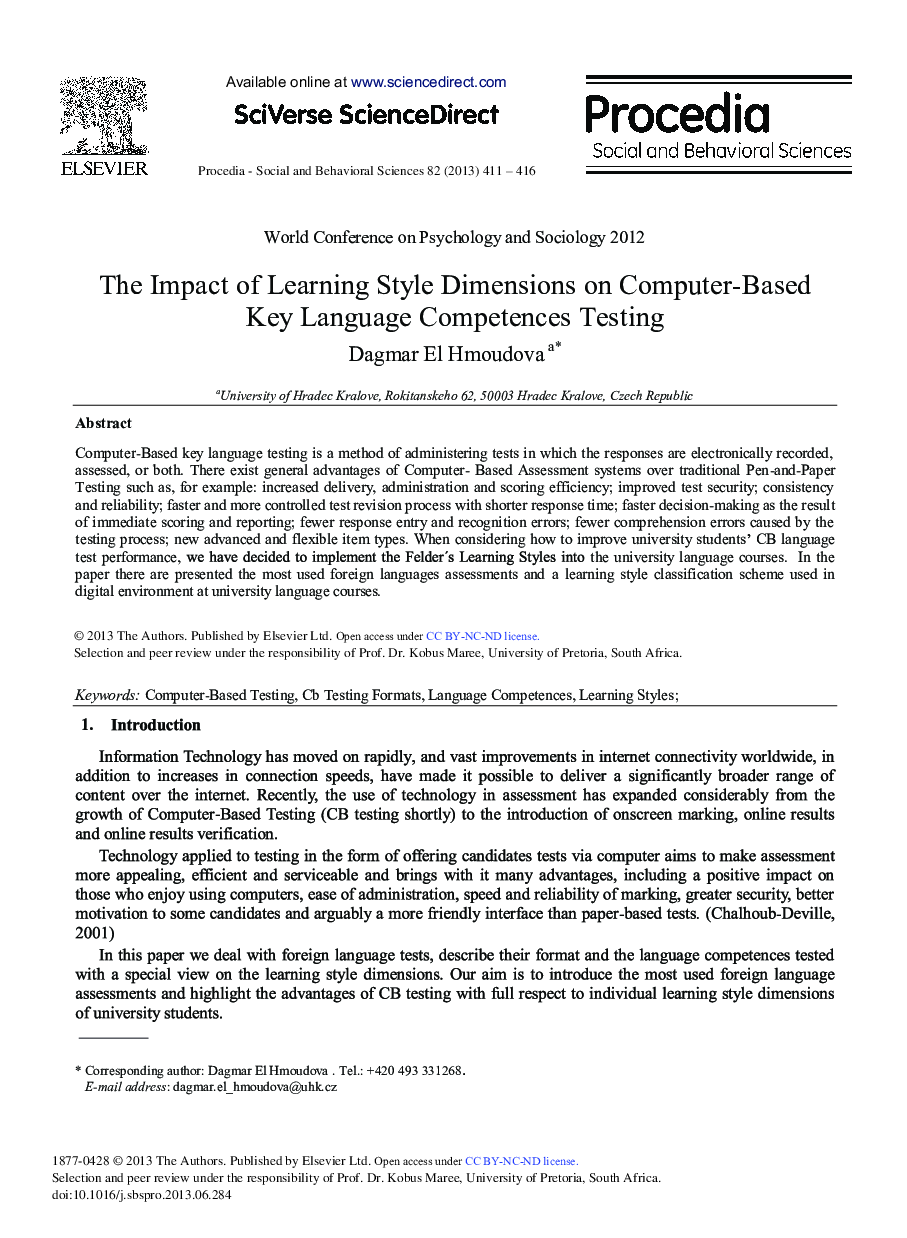 The Impact of Learning Style Dimensions on Computer-based Key Language Competences Testing 