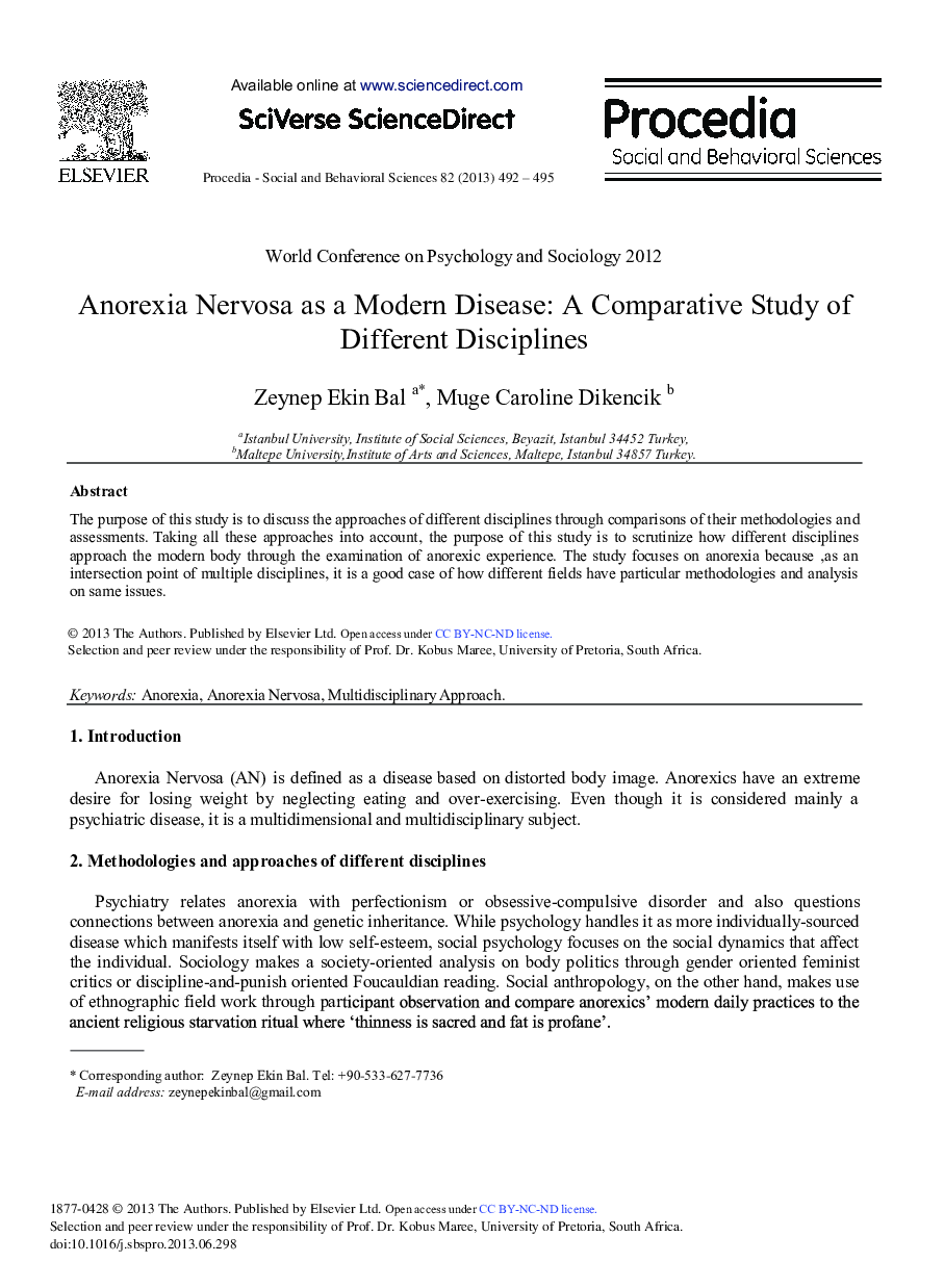 Anorexia Nervosa as a Modern Disease: A Comparative Study of Different Disciplines 