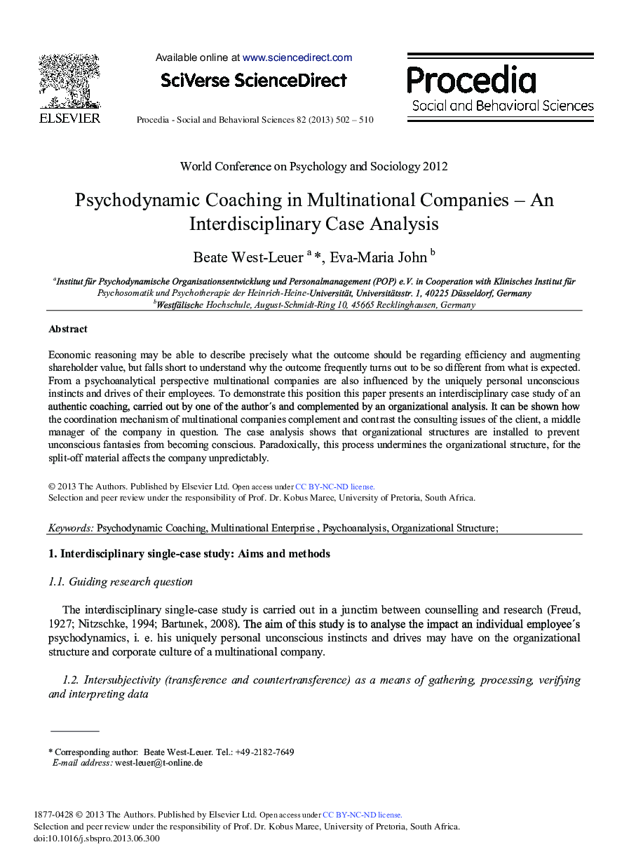 Psychodynamic Coaching in Multinational Companies–An Interdisciplinary Case Analysis 