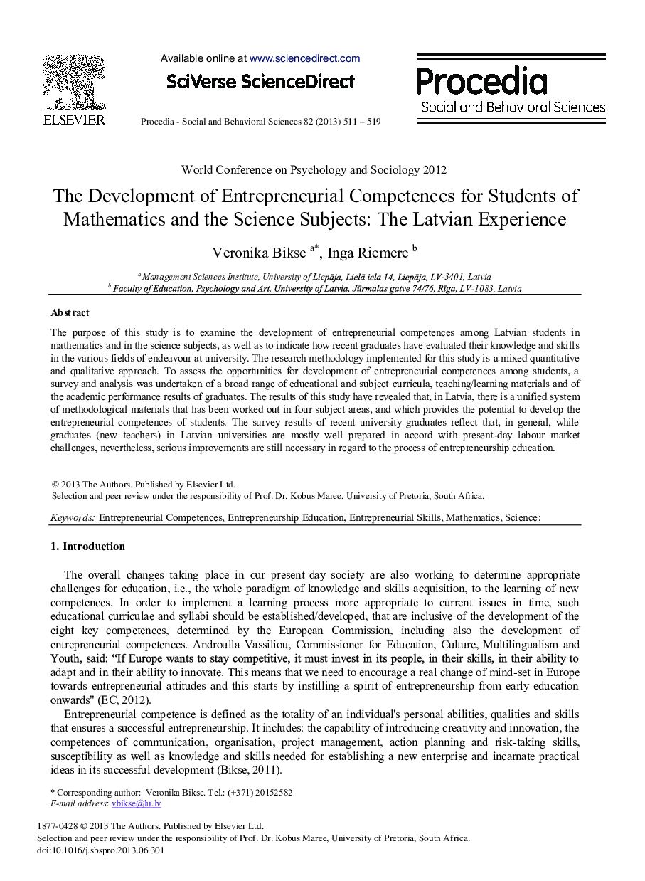 The Development of Entrepreneurial Competences for Students of Mathematics and the Science Subjects: The Latvian Experience