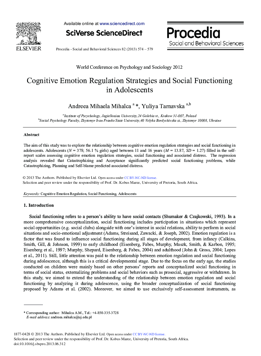 Cognitive Emotion Regulation Strategies and Social Functioning in Adolescents 