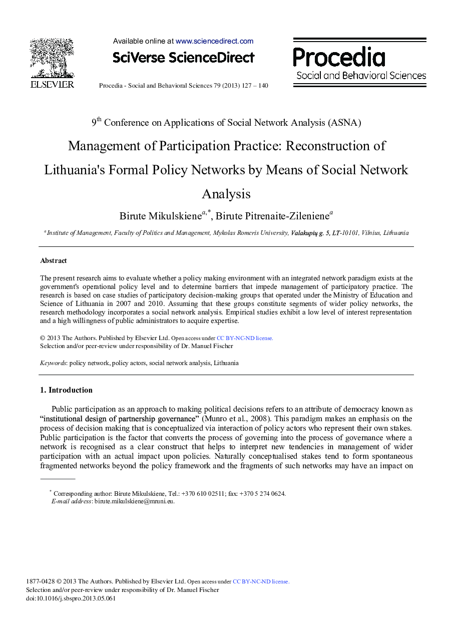 Management of Participation Practice: Reconstruction of Lithuania's Formal Policy Networks by Means of Social Network Analysis 