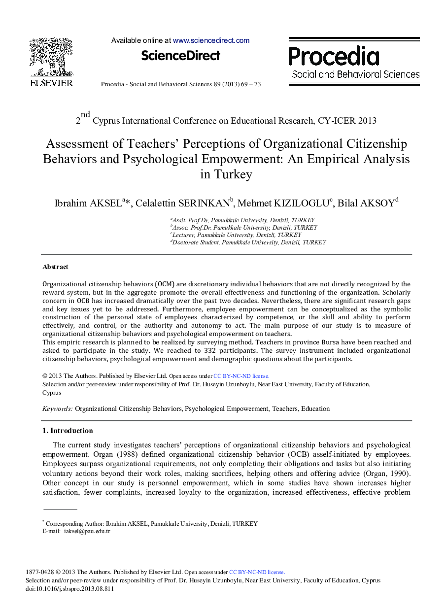 Assessment of Teachers’ Perceptions of Organizational Citizenship Behaviors and Psychological Empowerment: An Empirical Analysis in Turkey 