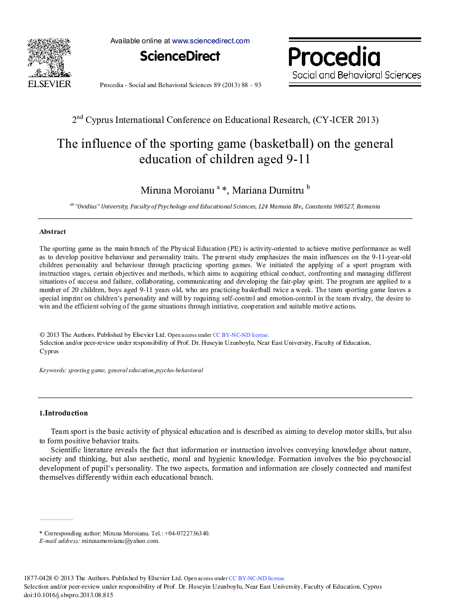 The Influence of the Sporting Game (Basketball) on the General Education of Children Aged 9–11 